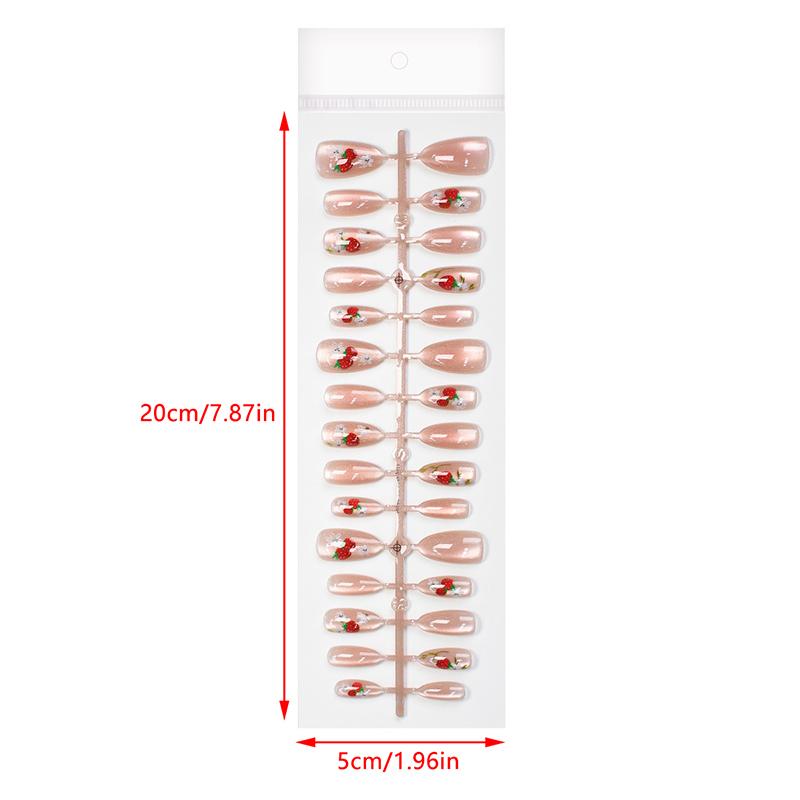 30Pcs Cat Eye False Nails Wearing Armor Wearable Watermelon Strawberry Fake Nails Simple Artificial Press On Nails Tips Nail Art