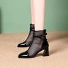 Summer New Women Mesh Boots Breathable Hollow Out Ankle Boots Leather Mid Block Heel Fashion Square Toe Sandal Booties