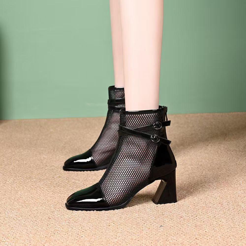 Summer New Women Mesh Boots Breathable Hollow Out Ankle Boots Leather Mid Block Heel Fashion Square Toe Sandal Booties
