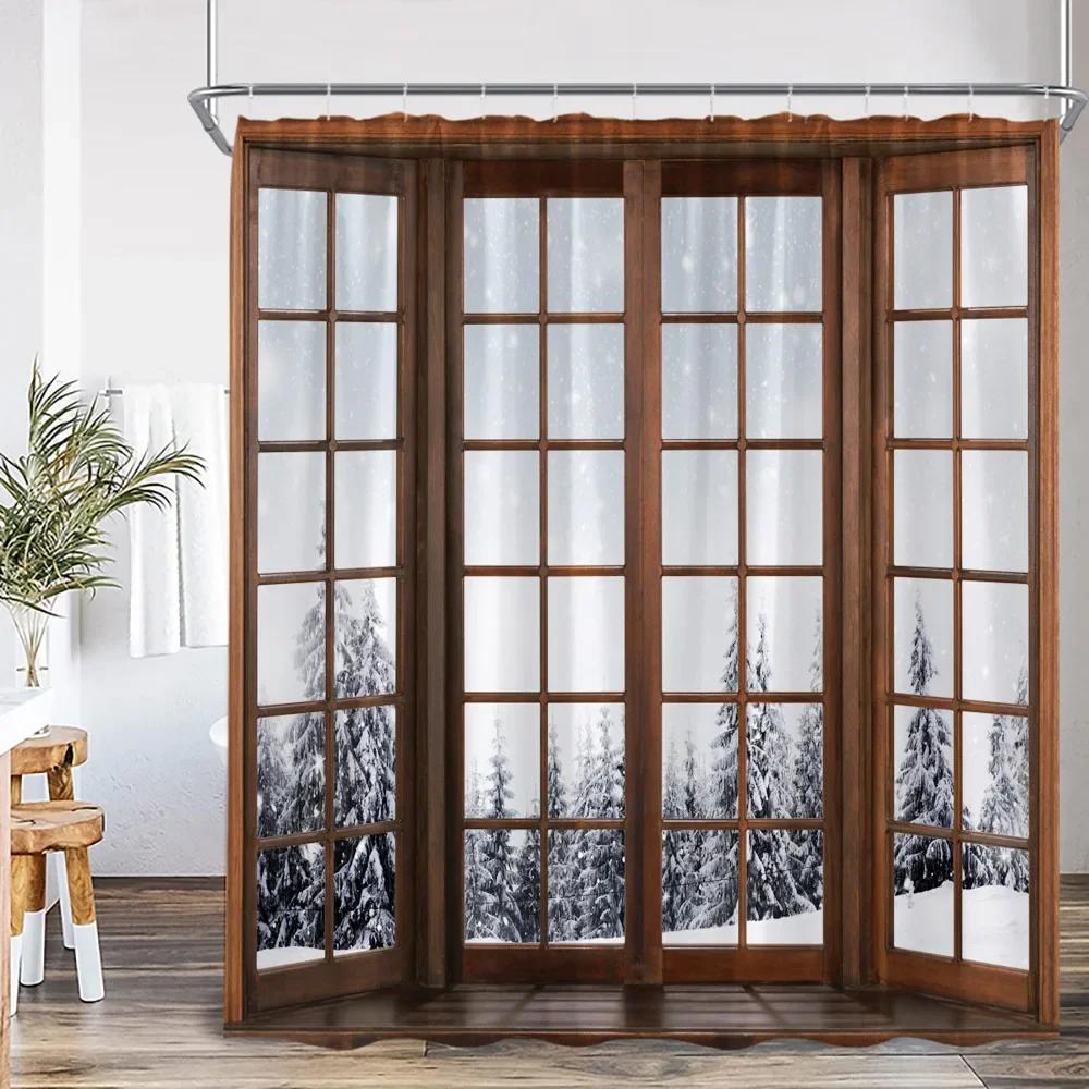 Winter Forest Scenery Shower Curtain Snow Window Outside Nature Landscape Snowy Pine Tree Bathroom Decor Polyester Bath Curtain