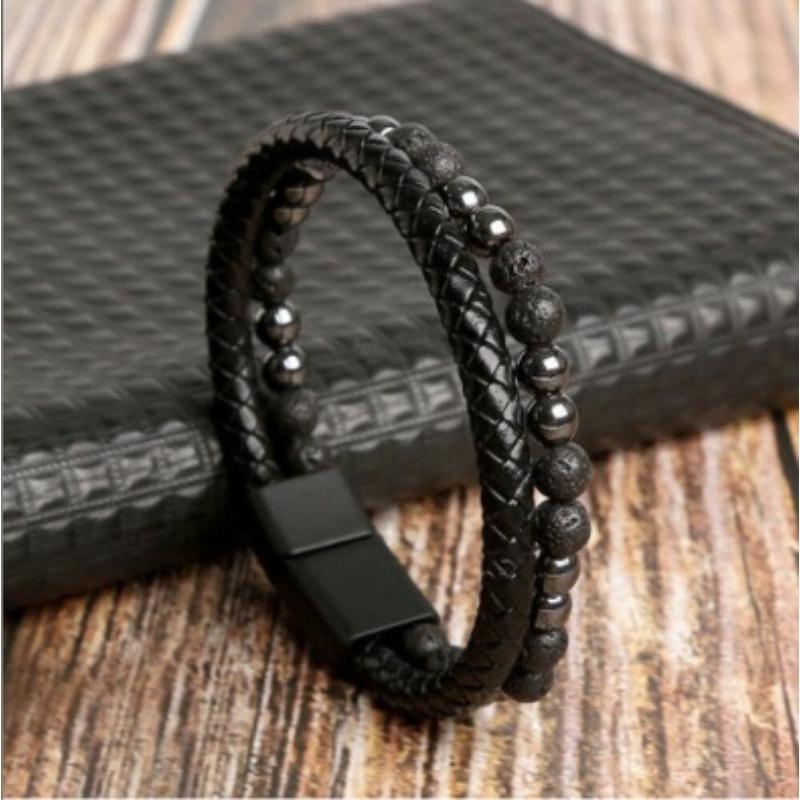 Leather Handcrafted Multi-layer Bracelet for Men, Retro-style Patch Magnet Clasp Wristband, Male Version