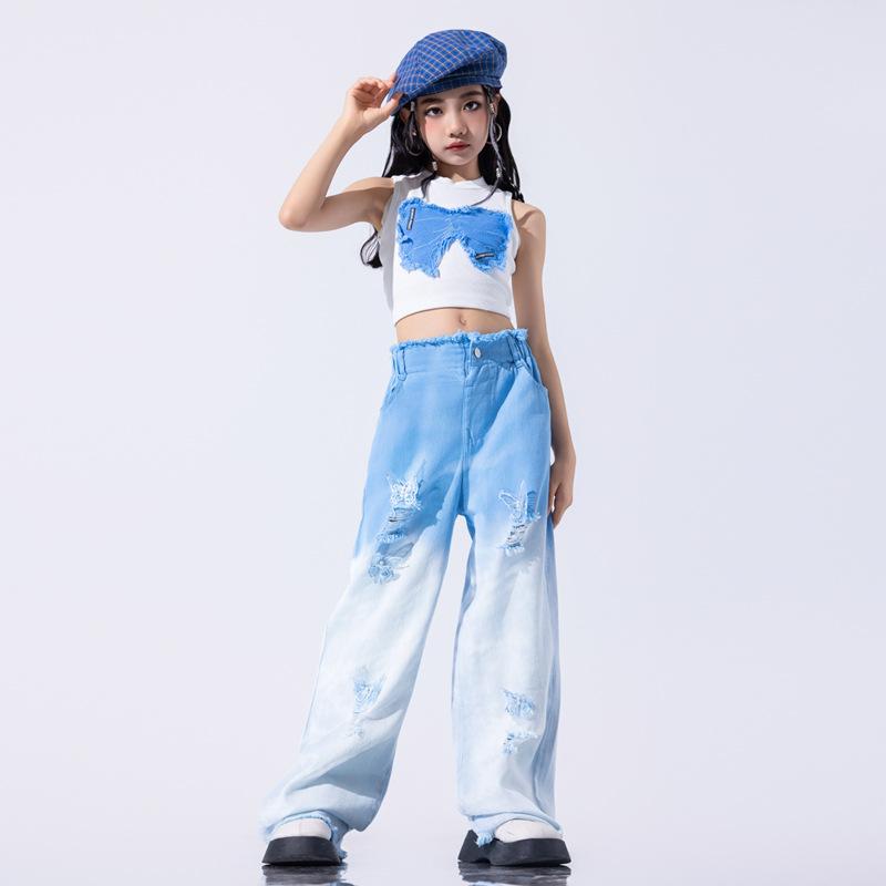 

Костюм для выступлений джазовых танцев для девочек на весну и лето, для детей среднего и старшего возраста, индивидуальный свитер с топом + джинсы в стиле хип-хоп, комплект из двух предметов 120