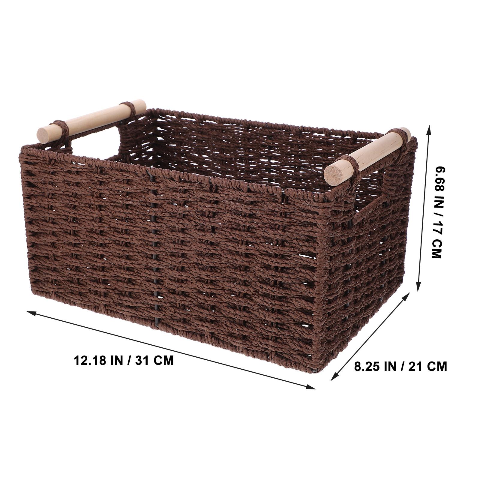 

Handcrafted Woven Storage Basket with Handle Natural Wood Iron Paper Rope Desktop Organizer for Living Room Bathroom Kitchen кофейный