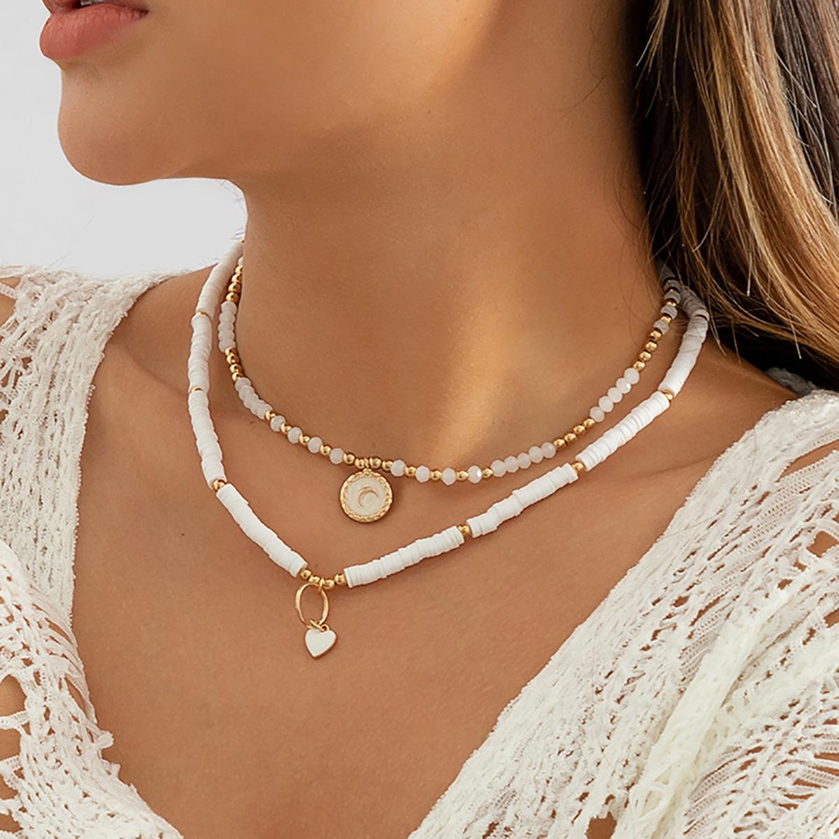 

Pastoral imitation crystal heart-shaped necklace, simple soft pottery piece beaded moon necklace set for women