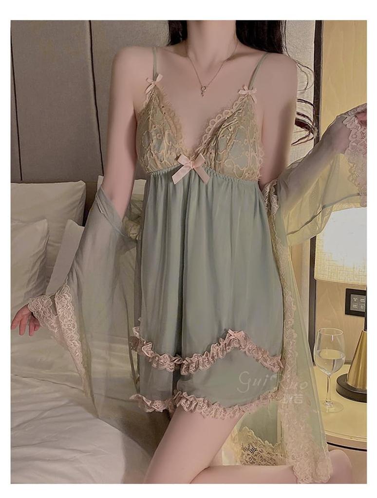 YANGRONG Nightgown and Pajama Long Sleeve Sexy Cute Princess Perfect for and Summer Size Women's 2-Piece Set, Loungewear, Camisole, Nightgown, V-Neck,