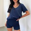 2 Pcs/Set Women T-shirt Shorts Set Suit V Neck Short Sleeves Solid Color Loose Top High Waist Mini Shorts Sport Outfit Casual Daily Tracksuit
