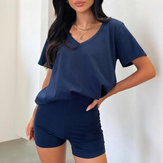 2 Pcs/Set Women T-shirt Shorts Set Suit V Neck Short Sleeves Solid Color Loose Top High Waist Mini Shorts Sport Outfit Casual Daily Tracksuit