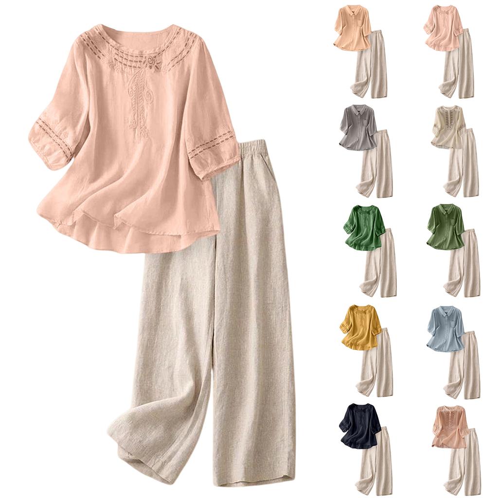 Damen Zweiteiliges Baumwoll-Leinen-Set Lockere Bluse und Weite Hosen Casual Vintage Stil Outfit für den täglichen Gebrauch