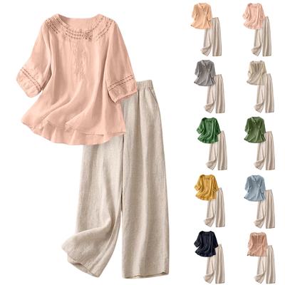 Ensemble Deux Pièces Coton Lin Haut Coupe Ample avec Détail Brodé et Pantalon Large Décontracté pour le Quotidien
