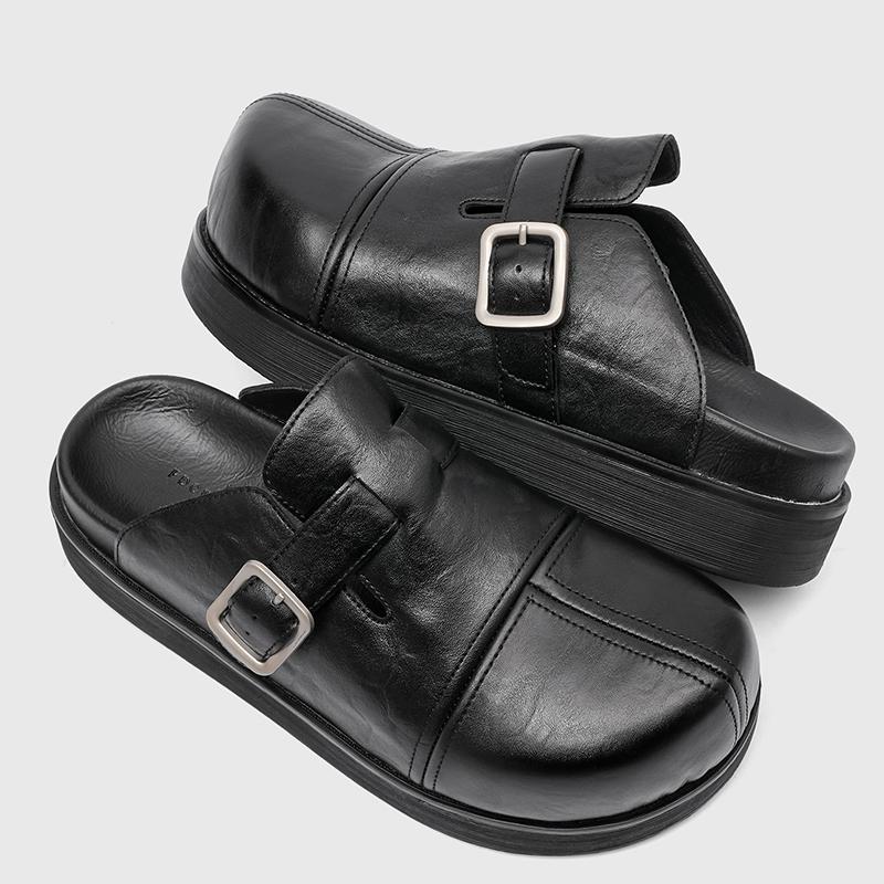 Fashion Fashion Men Half Loafers Casual Leather Slippers Punk Style Slides Breathable Mules Shoes Male Outdoor Thick Bottom Half Shoes