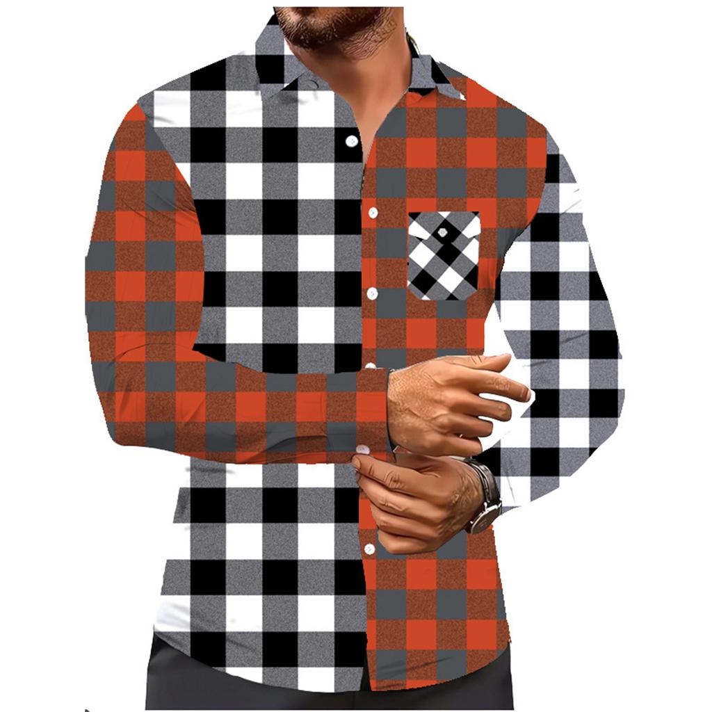 Men's Color Blocking Plaid Trendy Fashion Loose Drop Shoulder Lapel Long Sleeve Shirt