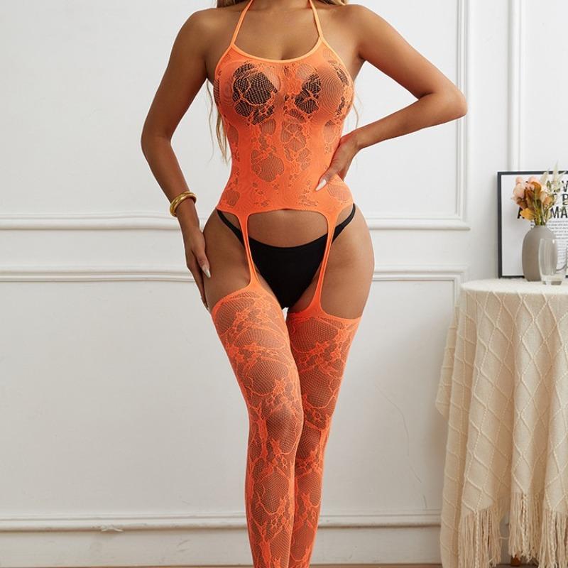 Sexy underwear orange lace-up neck jacquard onesie open crotch tights stockings
