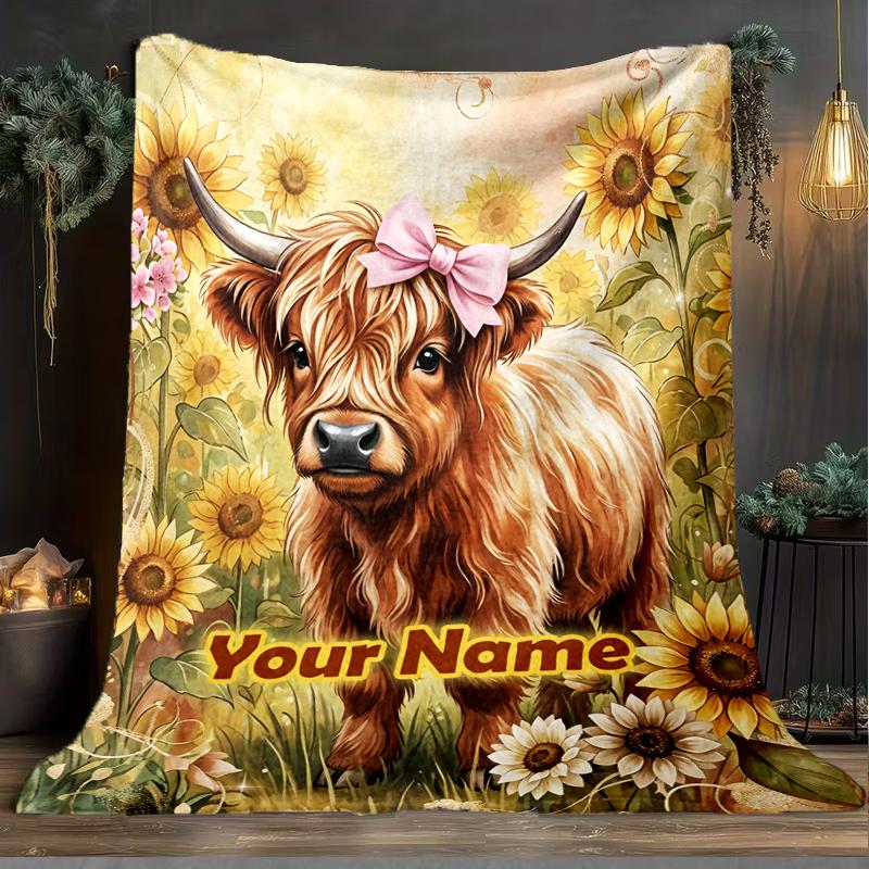 1PC Custom Name Highland Cow Sunflower Field Flannel Blanket Versatile,all-season Throw Suitable for the Living Room,bedroom,camping,travel,and Gift