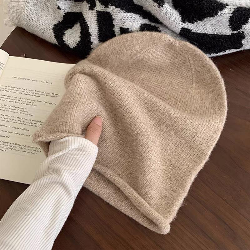 Solid Color Cold Hat Internet Celebrity Hat Women's Autumn and Winter Plush Knitted Face Small Pile Hat Big Head Circumference Bag Head Hat