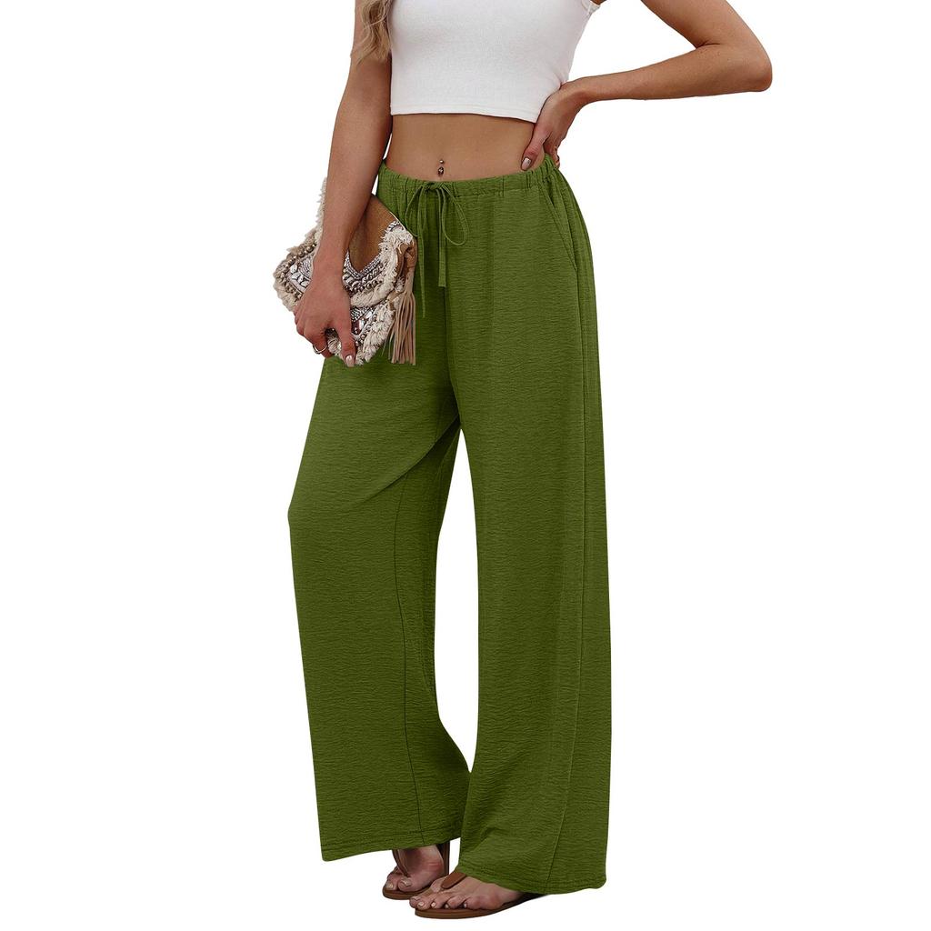 Women's Fashion Wide-Leg Trousers With Drawstring Elastic Waistband And Pockets Relaxed-Fit Casual Trousers