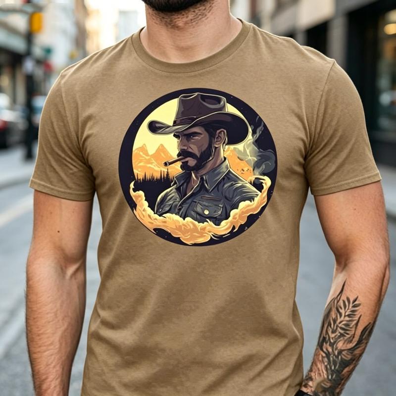 Vintage Cowboy Graphic T Shirt Retro Western Outlaw Print Unisex Soft Cotton Crew Neck Short Sleeve Trendy Casual Tops