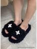 2024 High-Version SMF-K Fur Slippers: Thick-Soled Leather & Velvet Cross Design in Black/Gray