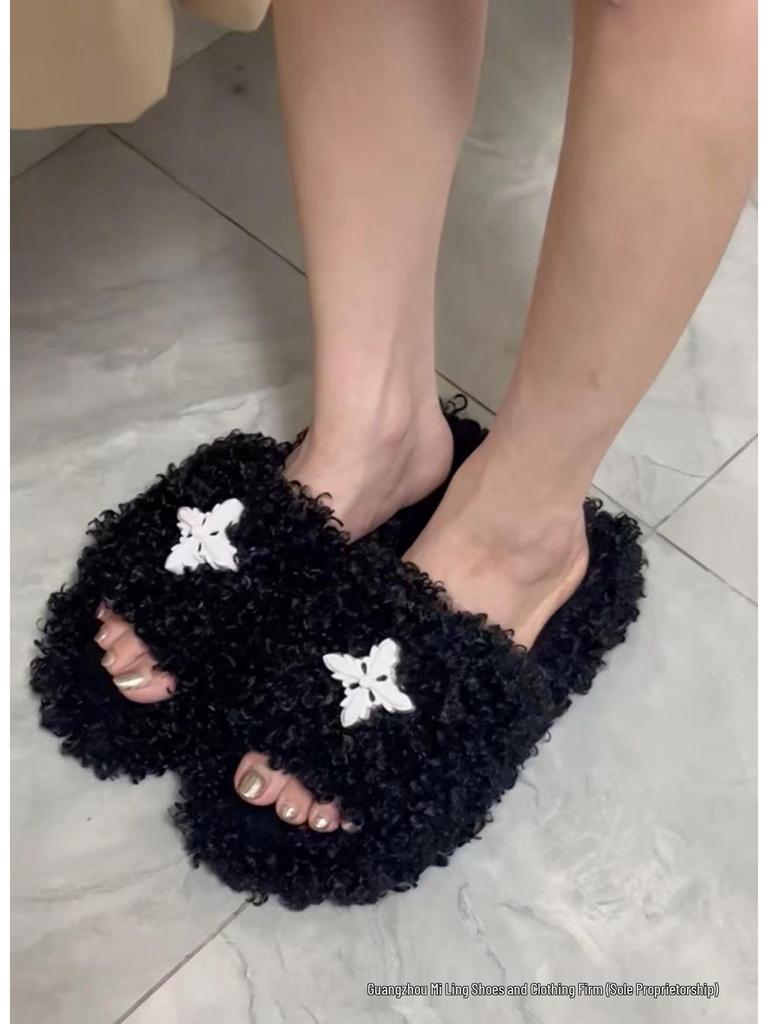 2024 High-Version SMF-K Fur Slippers: Thick-Soled Leather & Velvet Cross Design in Black/Gray