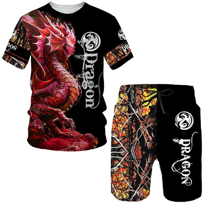 Sommer Herren T-Shirts + Shorts mit Drachenlord-Muster, 2-teiliges Outfit, lässige Shorts-Sets, 3D-Druck, coole Herrenkleidung, O-Ausschnitt, Trainingsanzug