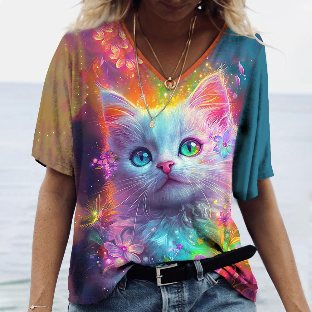 Women's T-Shirt Color Cat 3d Printing Short-Sleeved Fashion Casual Street V-Neck Oversized High-Quality Summer Women's Clothing