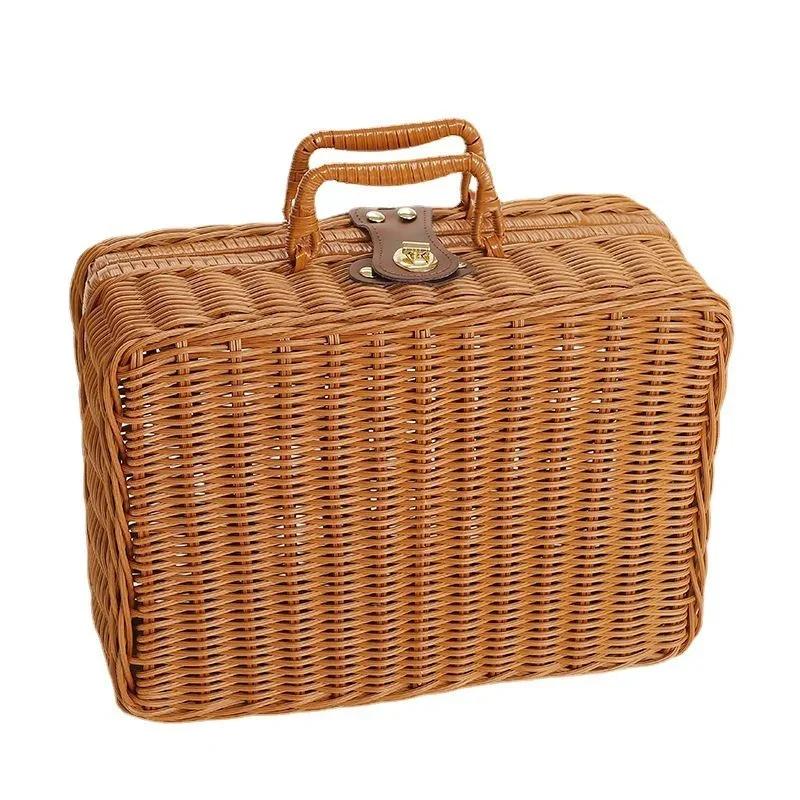 Rattan-like Finishing Box Woven Rattan Basket Retro Storage Box Decorative Props Suitcase with Hand Gift Box