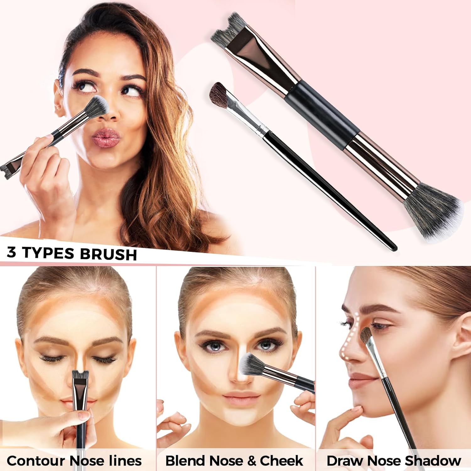 2PCS Nose Contour Brushes, 2-In-1 U-Shaped and Fluffy Brush, Angled Brush for Sculpting and Defining