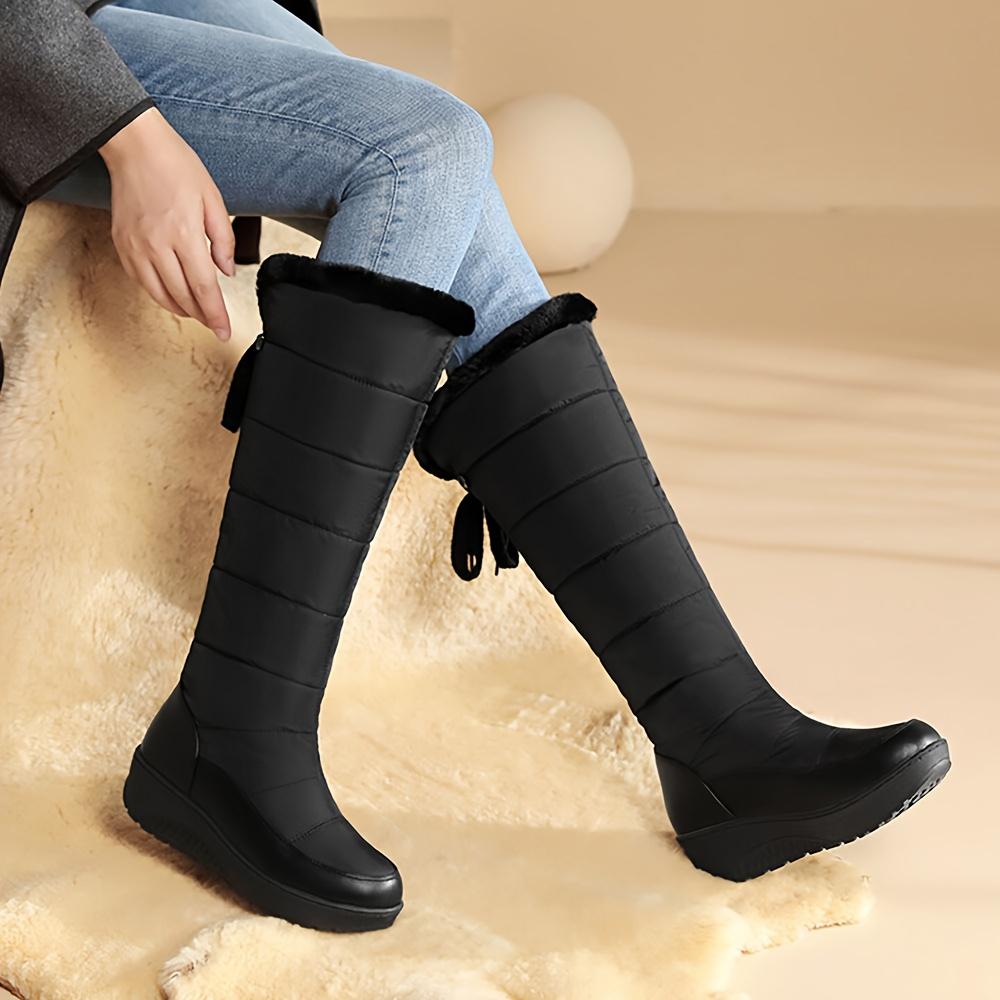 Women's Fuzzy Faux Fur Winter Snow Boots Fashion Platform Wedges Heel Pull On Waterproof Casual Comfy Knee High Boots Woman