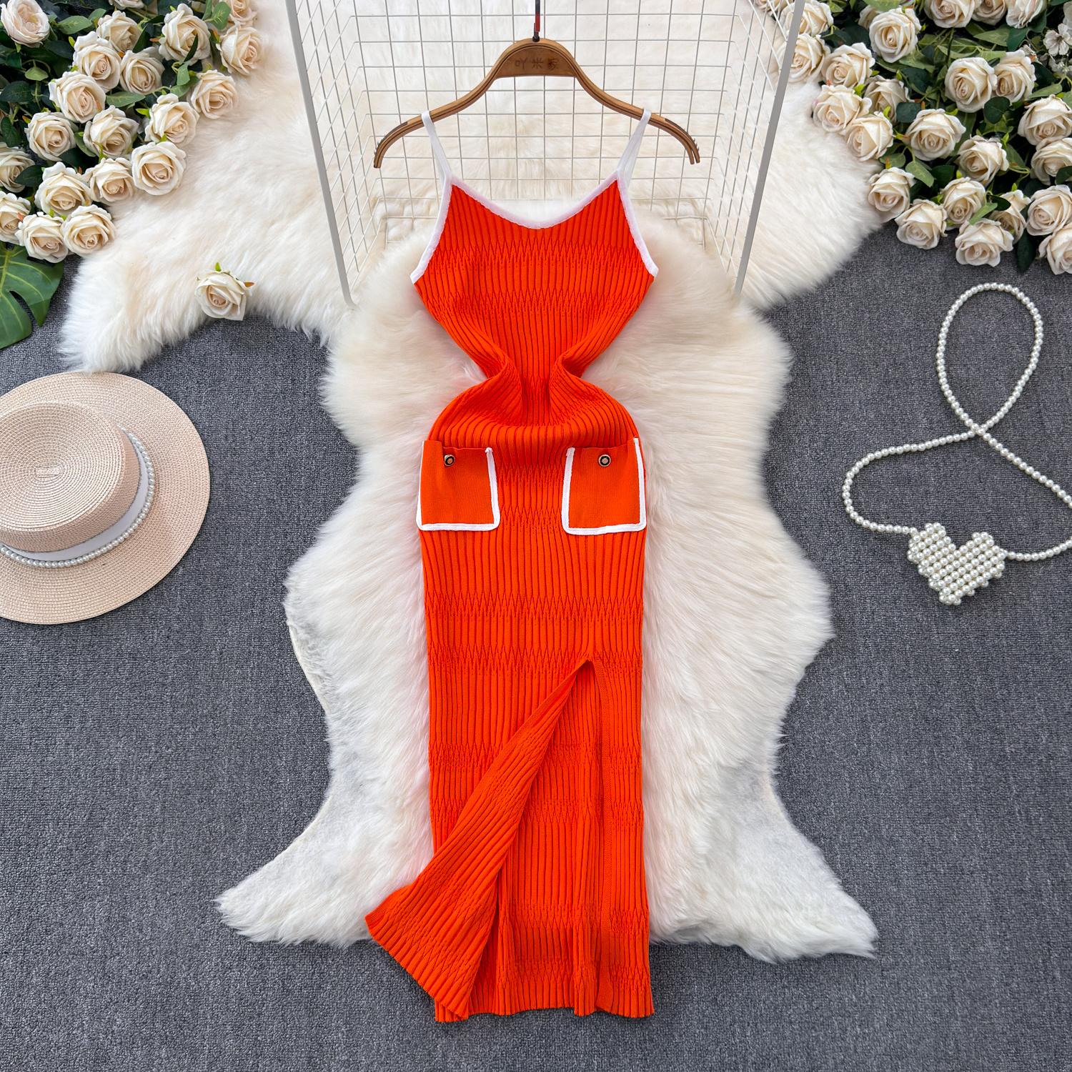 

Женское облегающее длинное платье контрастного цвета с вырезом на спине, корейское модное трикотажное платье на бретельках для девочек, элегантное летнее One Size оранжевый