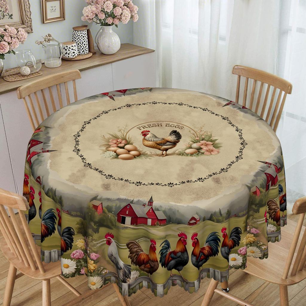 Vintage Rural Pastoral Tablecloth Egg Rooster Pastoral Print Round Rectangular Dining Table Cloth Waterproof Household Dining Table Cloth