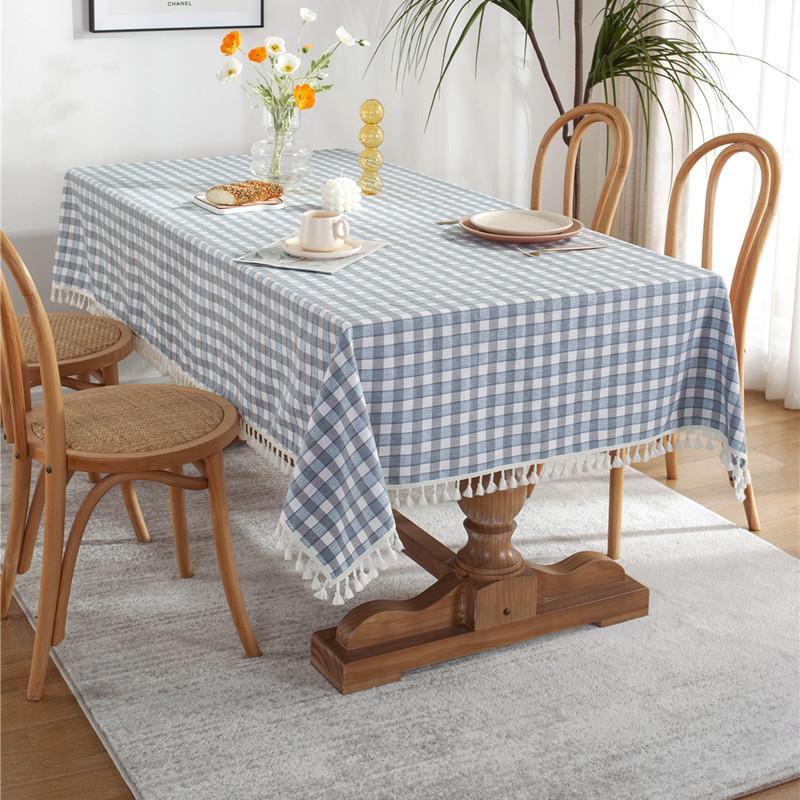 Silver Color Matching Plaid Polyester Fringed Tablecloth Geometric Rectangular Coffee Table Dining Table