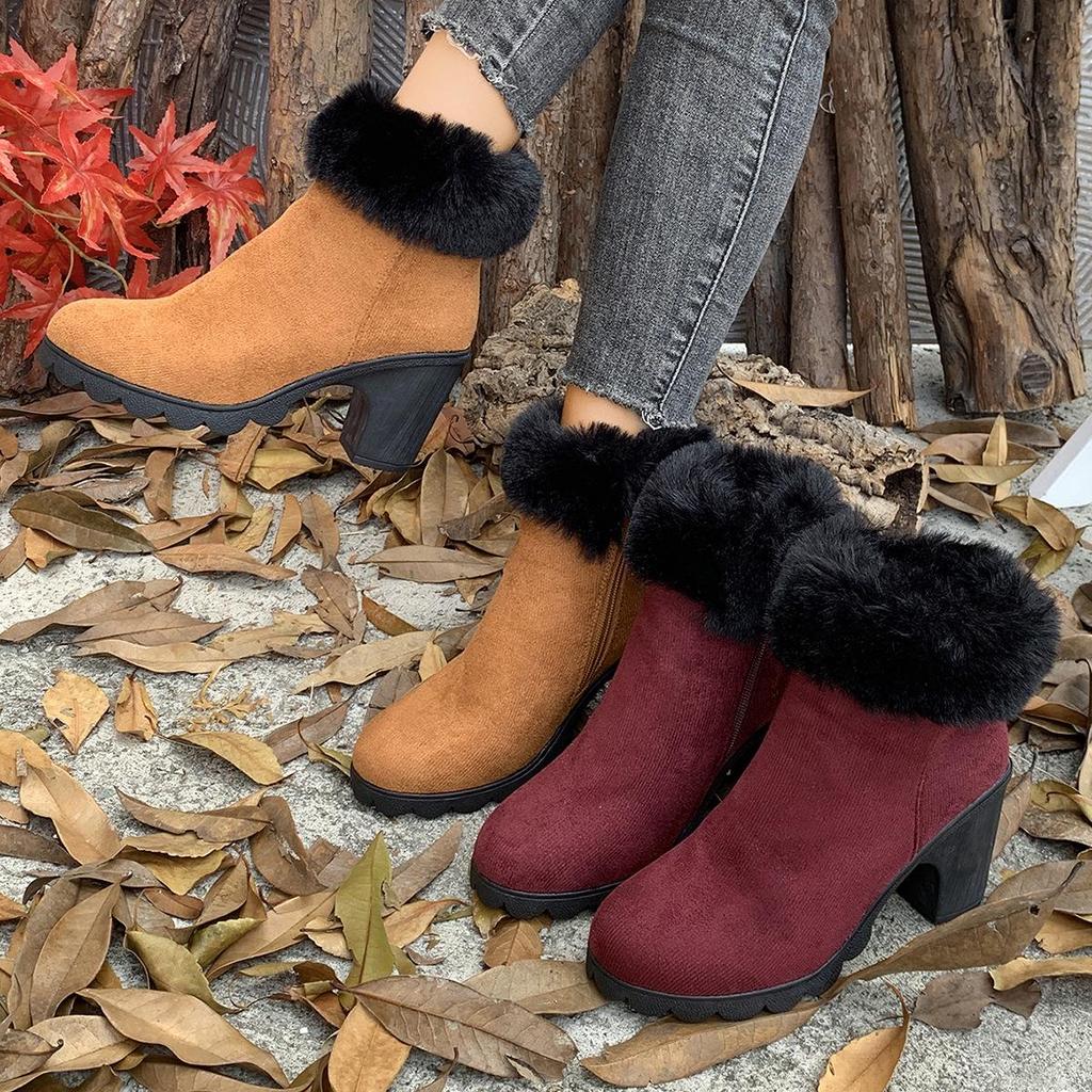 Herbst Einfarbig Plüsch High Heel Stiefeletten für Damen, Größen 35-42