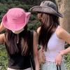 Fashion Solid Color Western Cowboy Hat Pink Love Sun Protection Wide Brim Sun Hat Bucket Cap Adjustable Y2k Fisherman Hat Hiking