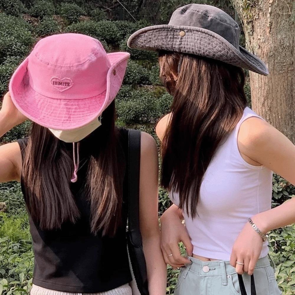 Fashion Solid Color Western Cowboy Hat Pink Love Sun Protection Wide Brim Sun Hat Bucket Cap Adjustable Y2k Fisherman Hat Hiking
