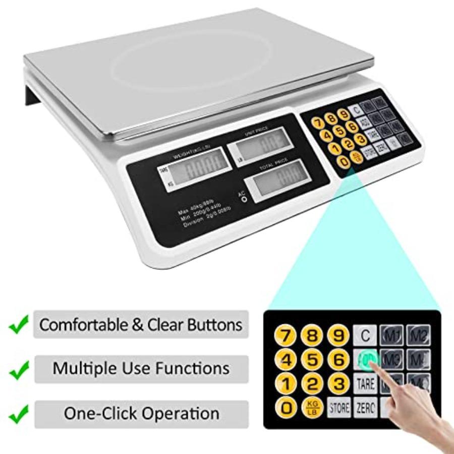 Price Computing Scale 88lb/40kg LCD Digital Commercial Price Scale with Stainless Steel PlatformProduce Scale Food Scale for Fa