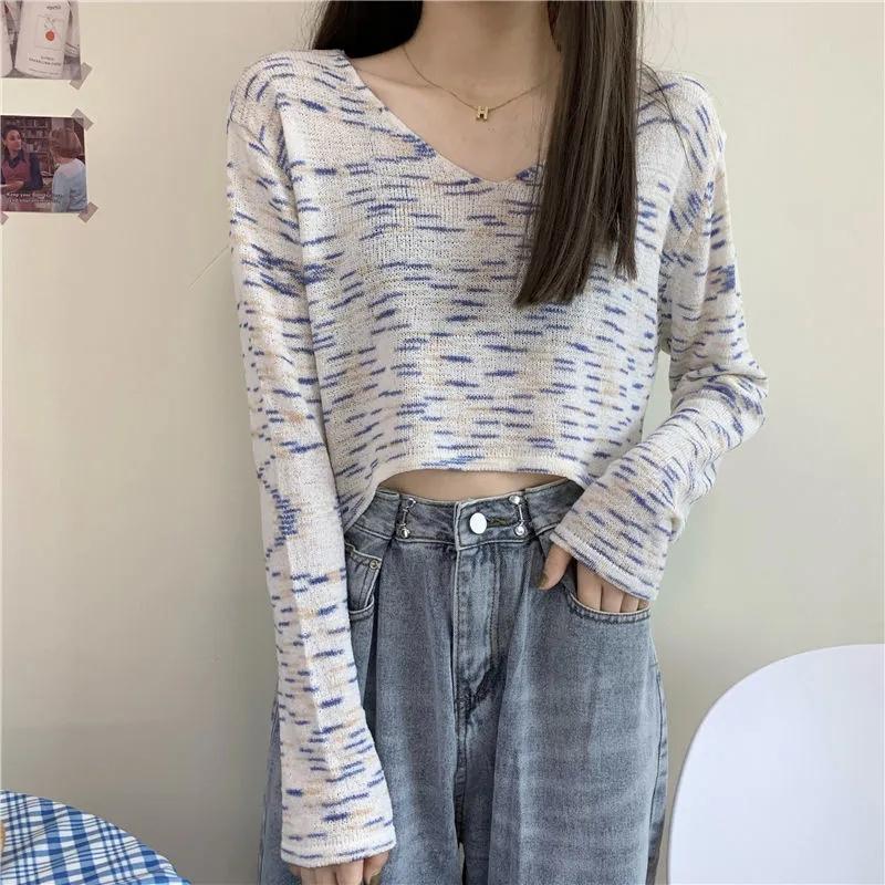 Sweater Rainbow Dye Striped Cropped Short Sweater Long Sleeve Knit V-Neck Loose Top Pullover Knit