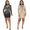 European Sexy Rhinestone See-through Mesh Deep V Party Dress for Women