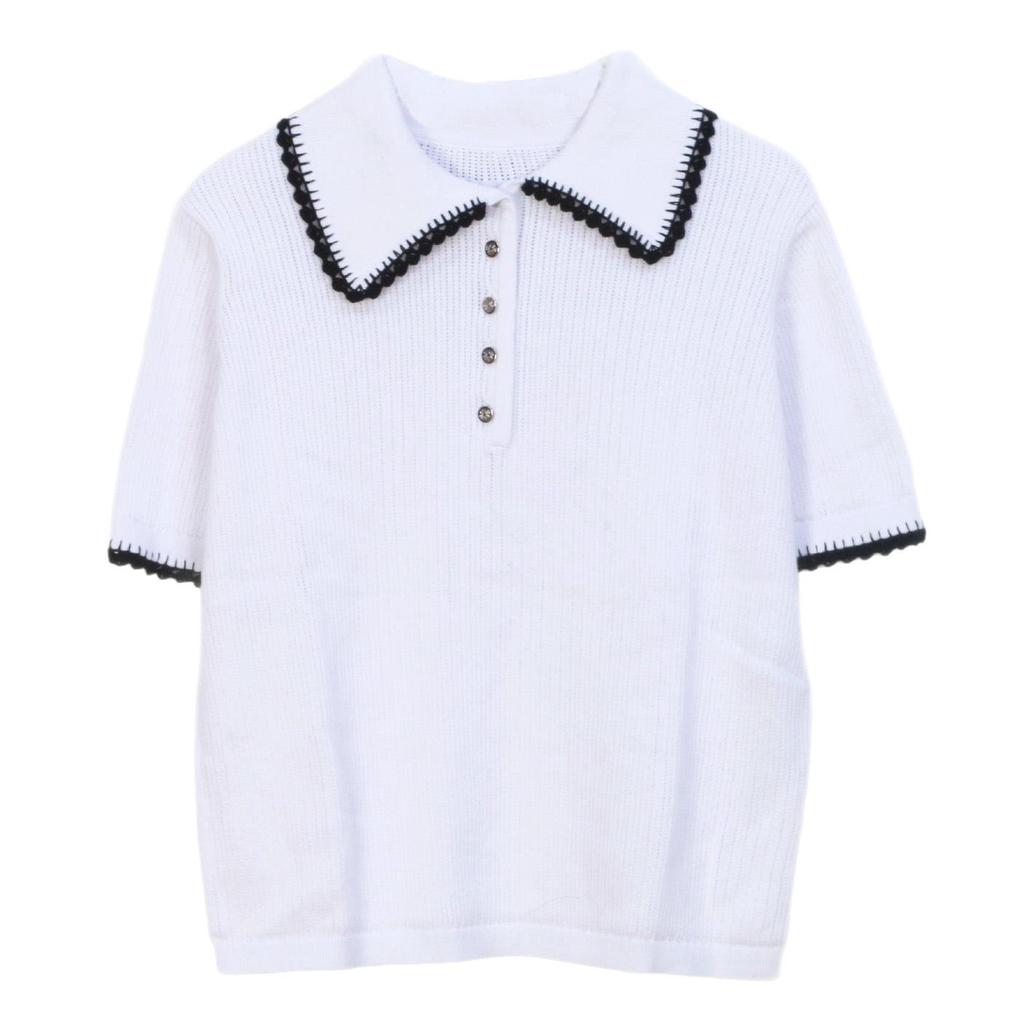 Women's M Family French Color Block Short-Sleeve Crochet Collar Polo Knit Top - Spring/Summer 2025