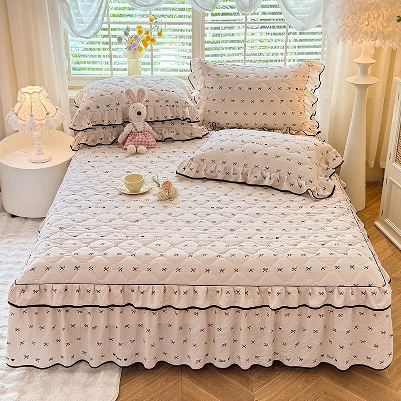 Countryside Style Cotton Bed Skirt Washed Cotton Quilted Bed Runner Full Package Mattress Protect Cover for Bedroom Decora  Dust-proof Bed Sheets