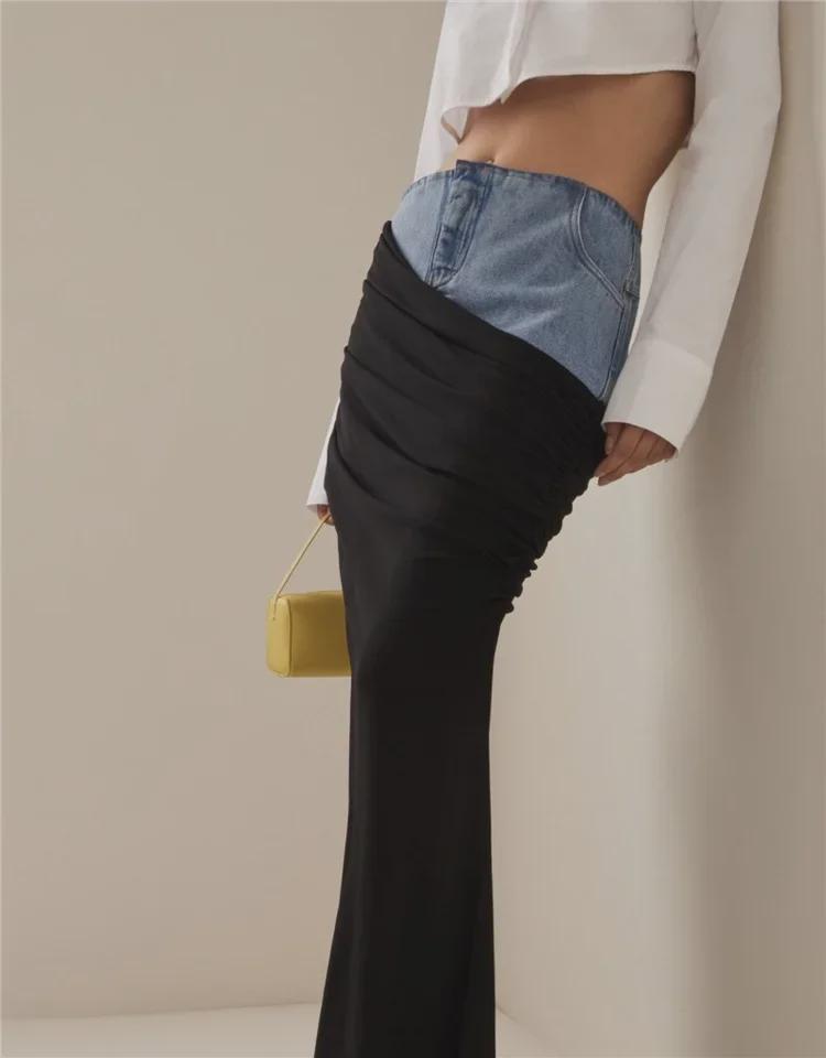 Modern Deconstructed High-Waist Black Pleated Denim Skirt with Spliced Design for Women
