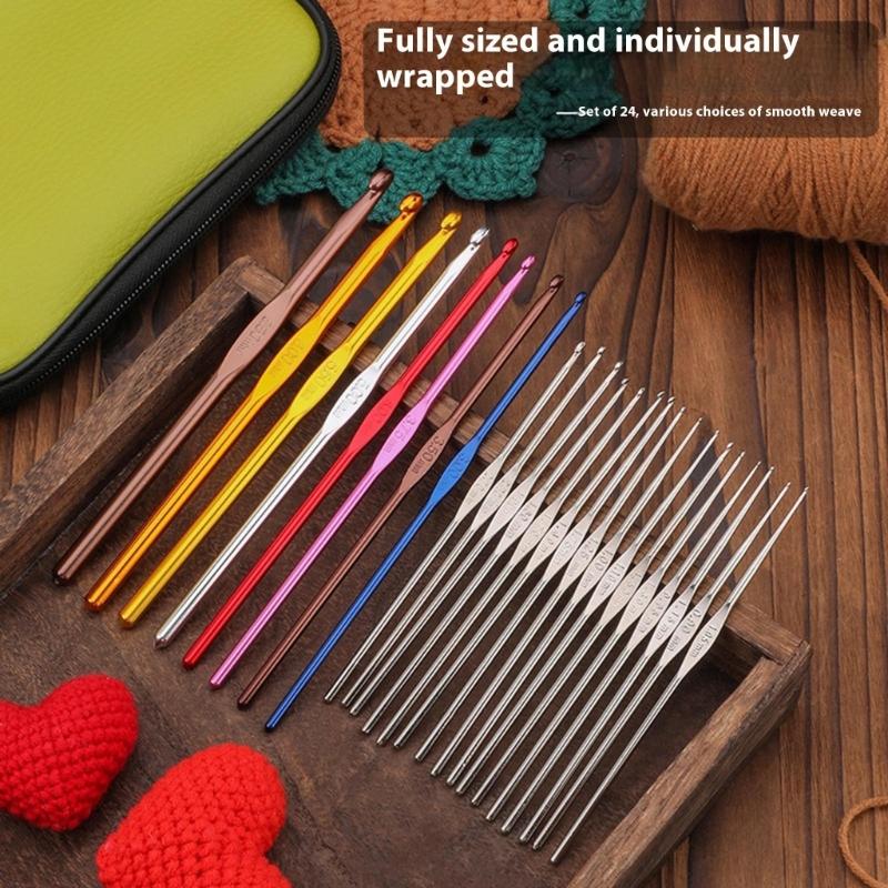 24Pcs Aluminum Crochet Hook Set Aluminum Handle Knitting Needle with Case for Yarn Craft Knitting Project 0.5mm-6.5mm