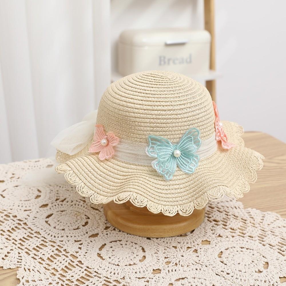 Wide Brim Straw Bag Cap Set Pearl Bow Style Sun Hat Sunscreen Sunshade Hat  for 2-8 Years Kids