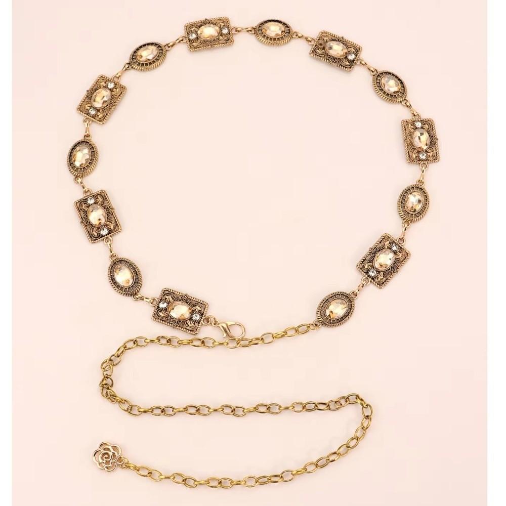 Elegant Golden & Silver Waist Chain Accessory Metal Material Oval Carved Dress Belt Rhinestone Decor Body Chain For Women