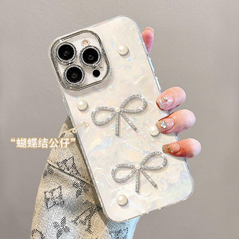 Pearl Bow Bracelet Is Suitable for Apple 16 Shell Pattern Mobile Phone Case 13promax Premium Sense 14 New Women's 15.