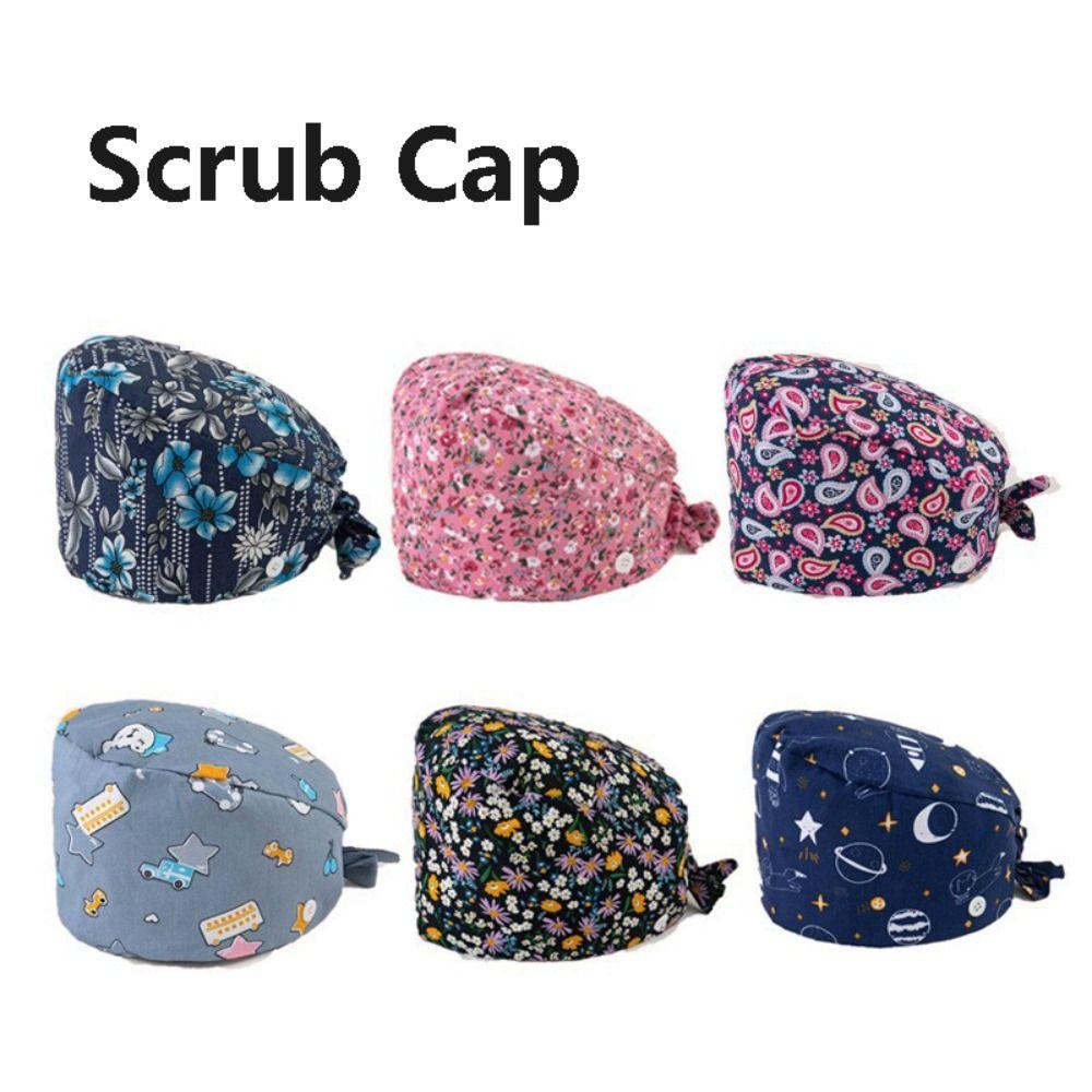 

Flower Printing Print Scrubs Hat Cotton Working Hats Headscarf Tie Back Cap Nurse