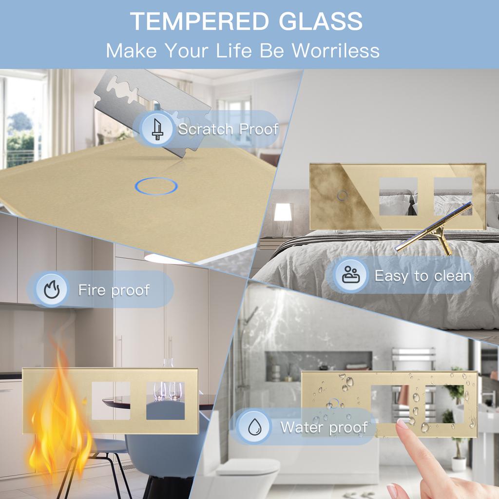 BSEED 1/2/3Gang Touch Light Switches 1Way With Dual Wall Sockets EU Standard Blue Backlight Glass Panel Gold