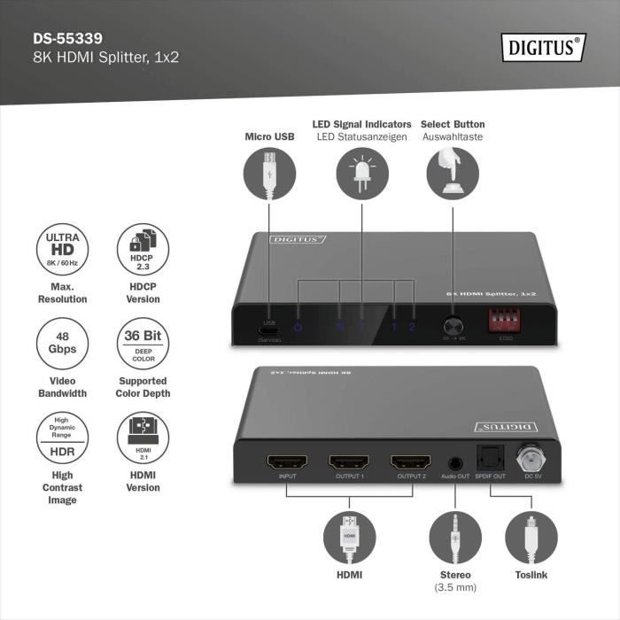HDMI 2.1 Splitter - digitus - ds-55339 - 8K60Hz - Audio-Extraktion - Anpassbare EDID-Einstellungen
