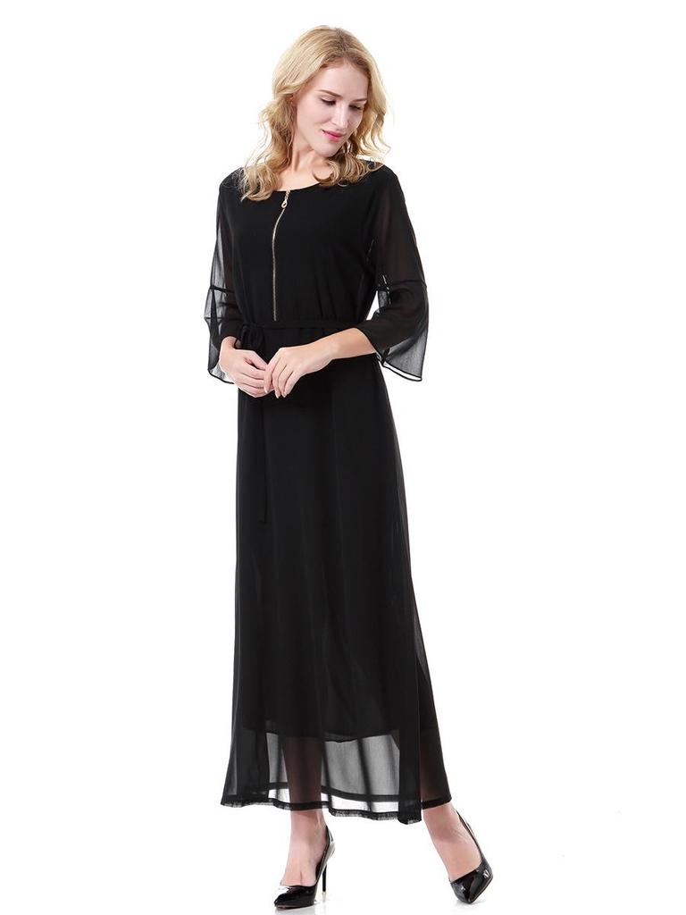 Women's Chiffon Round Neck Short Sleeve Ankle-Length Maxi Dress (Model: TH915)