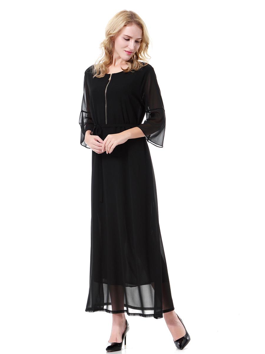 

Женское шифоновое платье макси до щиколотки с круглым вырезом и короткими рукавами (модель: TH915) M чёрный