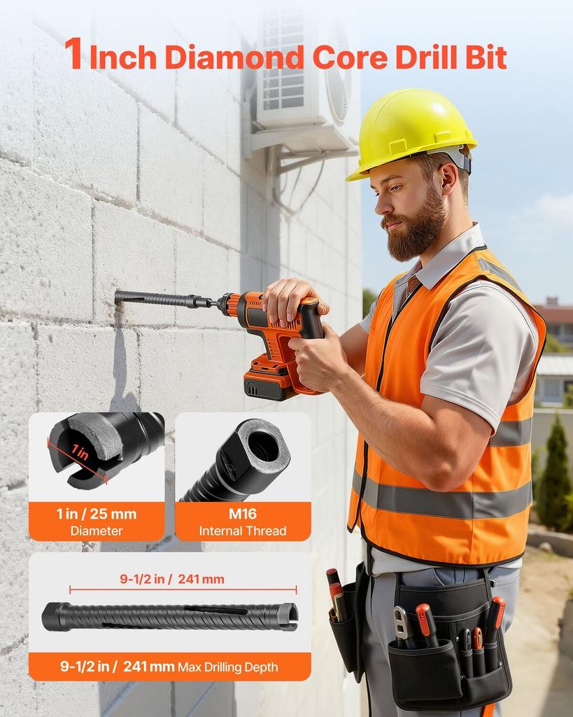 Core Drill Bit, 25 Mm Diameter, 241 Mm Drilling Depth, M16 Internal Thread, Diamond Dry Coring Bit with 3 Adapters, Pilot Drill and Hex Wrench, for