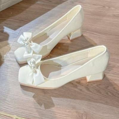 Soft Leather French Square Toe High Heels Women's New Temperament Pearl Bow Soft Sole Block Heel Single Shoes